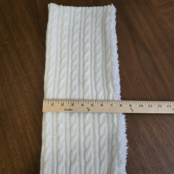 White Reversible Winter Scarf, Side 1 - Cable Knit, Side 2 - Fleece, 72" Length - Picture 11 of 11